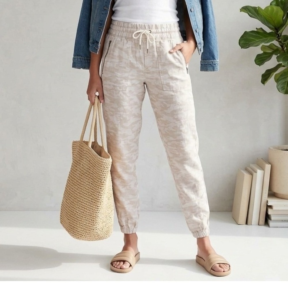 Athleta Cabo Tide Linen Jogger Pants Beige Camo Size 12 277373
